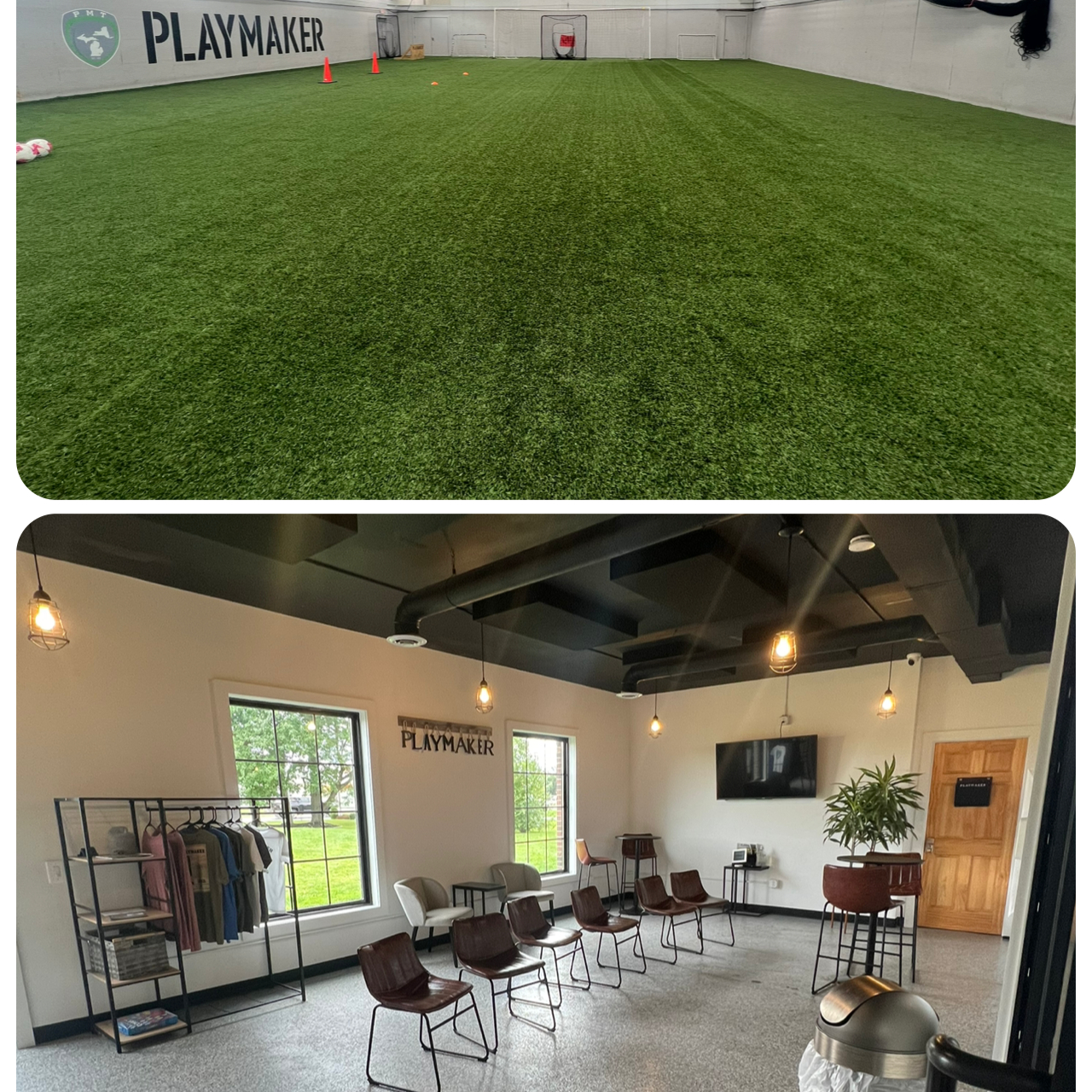 The indoor turf and lounge at Sharpshooter Soccer Academy.